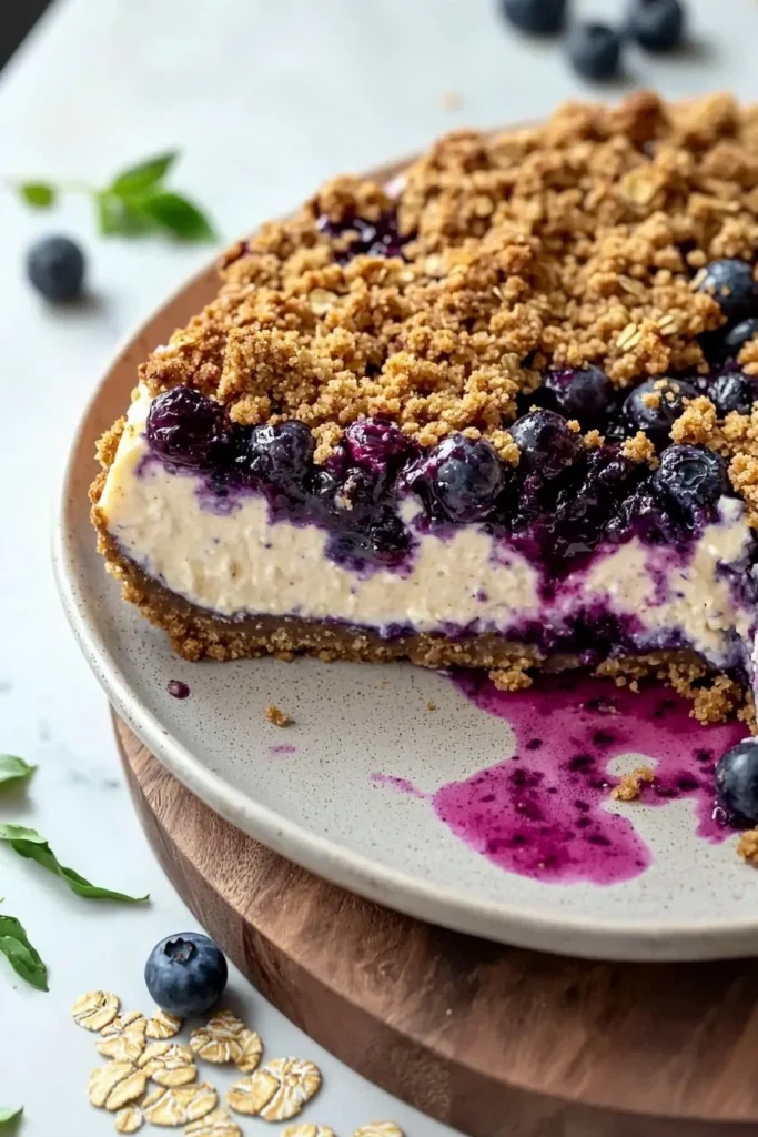 Easy blueberry crumble cheesecake with a delicious topping on a plate.