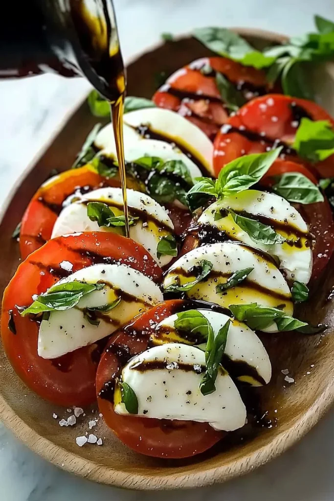 Easy Caprese salad with fresh tomatoes, mozzarella, and basil.