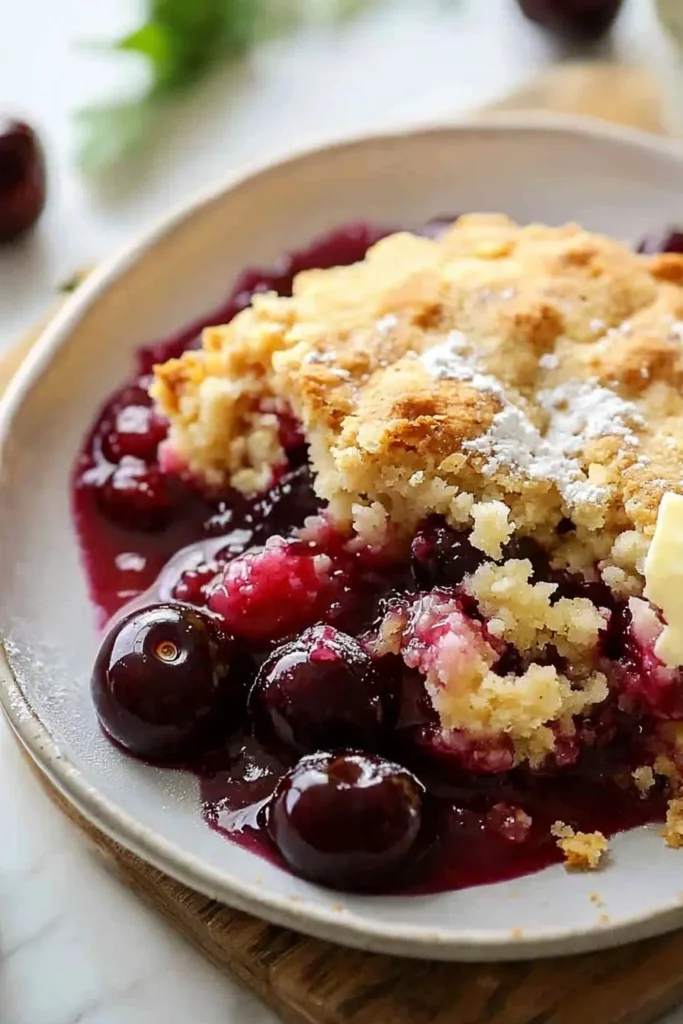 Delicious easy cherry cobbler in a baking dish, ready to serve.
