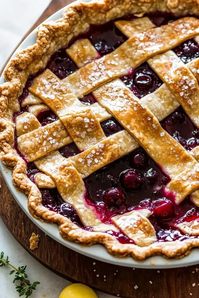 Slice of easy cherry pie on a plate with fresh cherries
