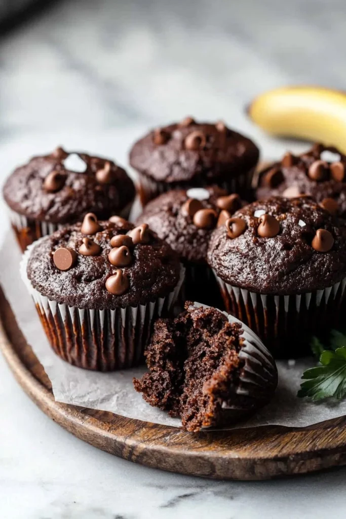 Freshly baked easy chocolate banana muffins on a cooling rack