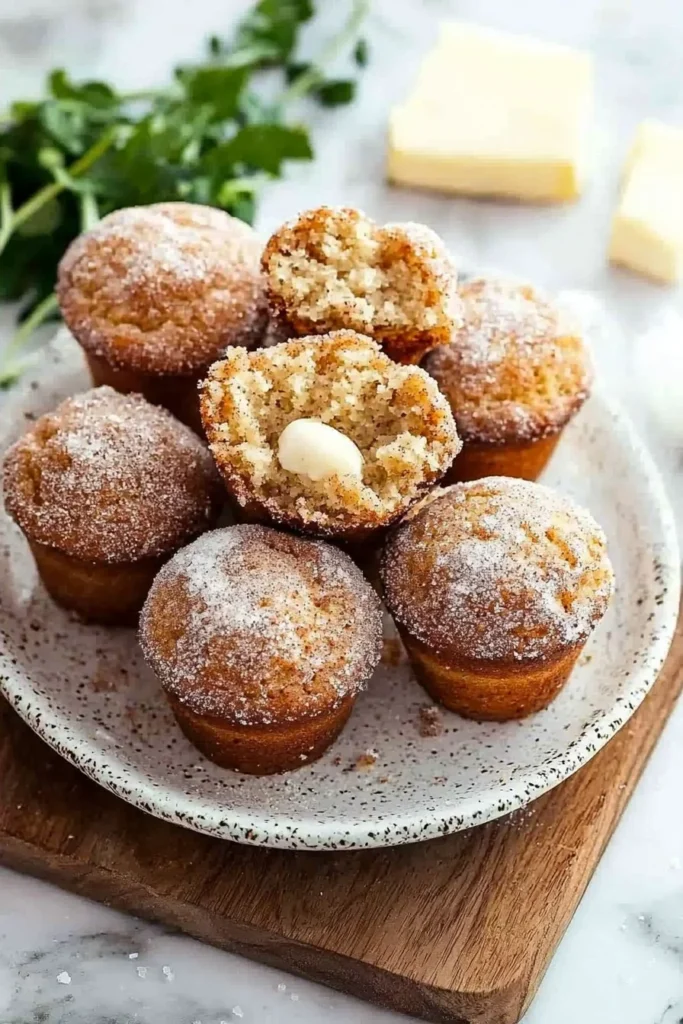 Freshly baked easy cinnamon donut muffins on a cooling rack