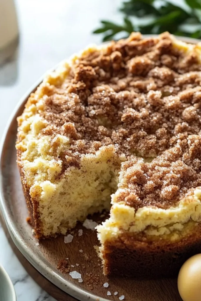 Delicious easy coffee cake topped with cinnamon crumble and served with coffee
