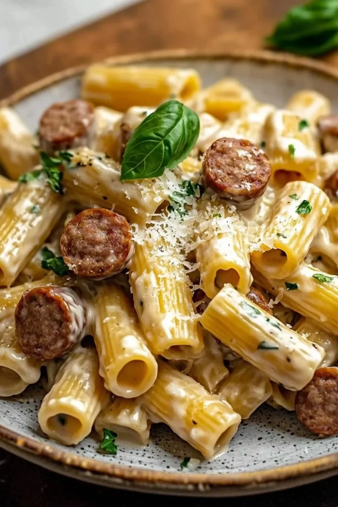 Creamy Italian Beef Sausage Rigatoni served in a bowl with herbs on top