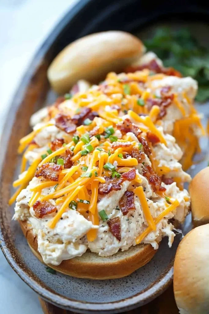 Delicious loaded chicken sandwiches made in a crockpot, garnished and ready to serve.