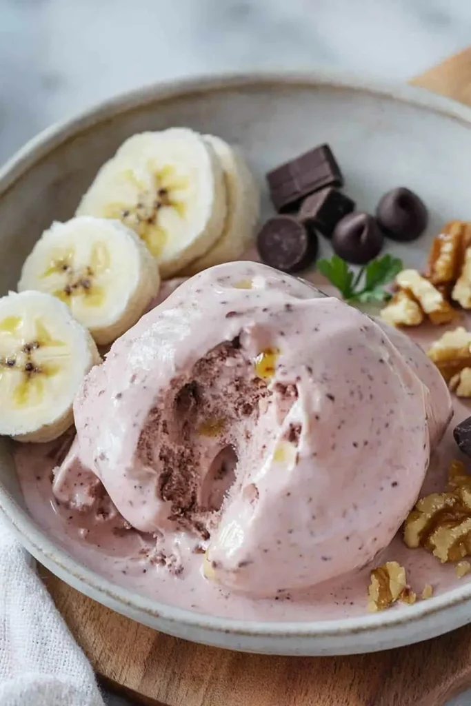 Homemade protein ice cream in a bowl topped with fresh berries
