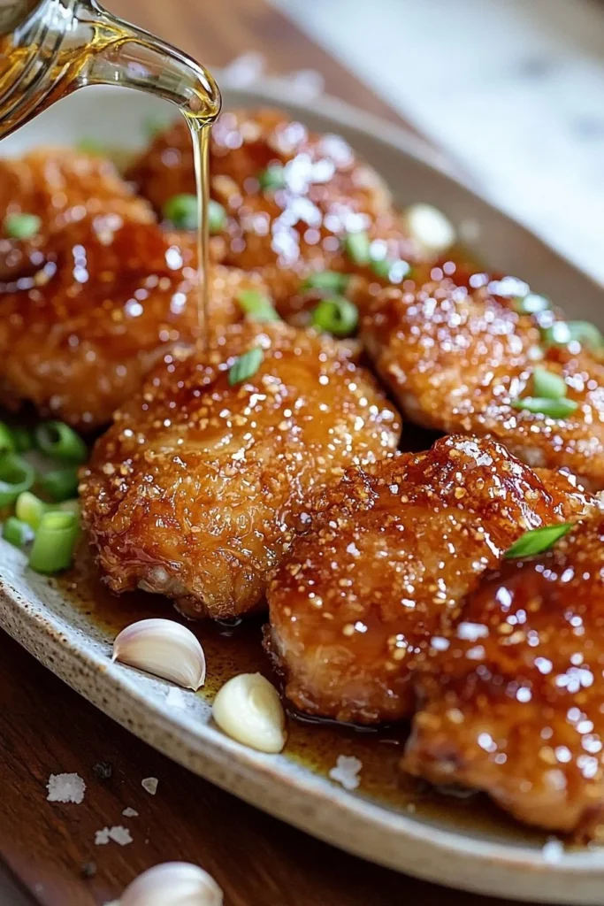 Crispy honey garlic chicken served on a plate with vegetables.