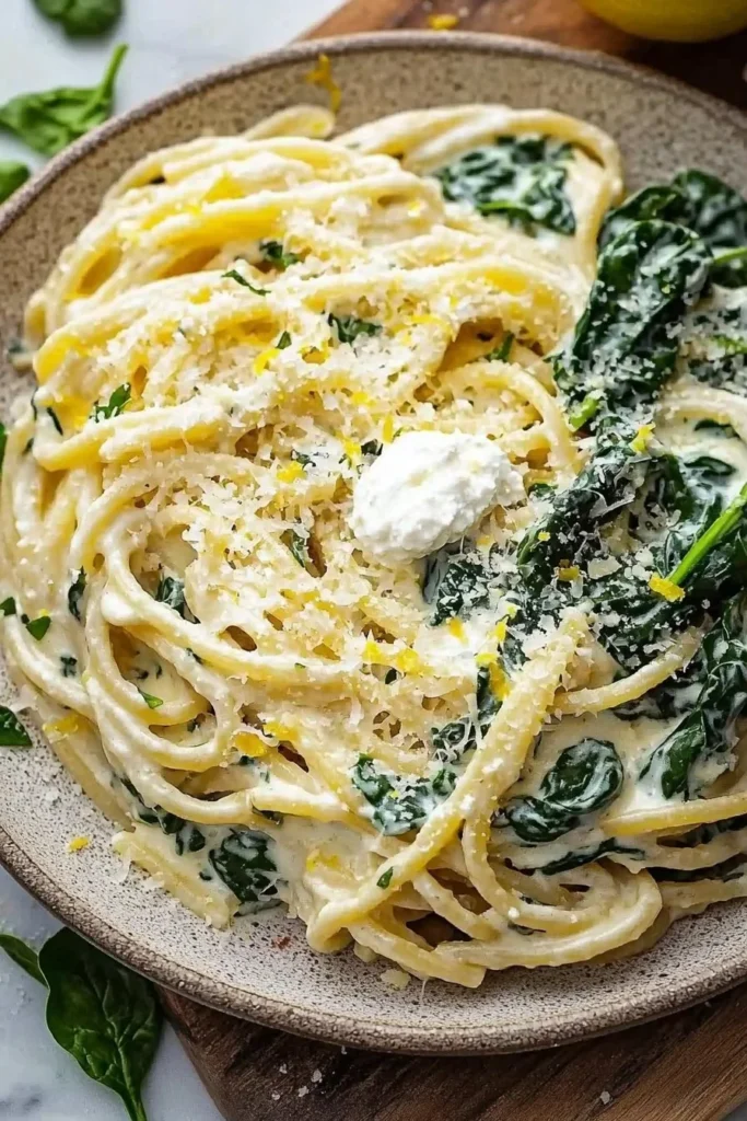 Delicious easy lemon ricotta pasta with spinach served in a bowl