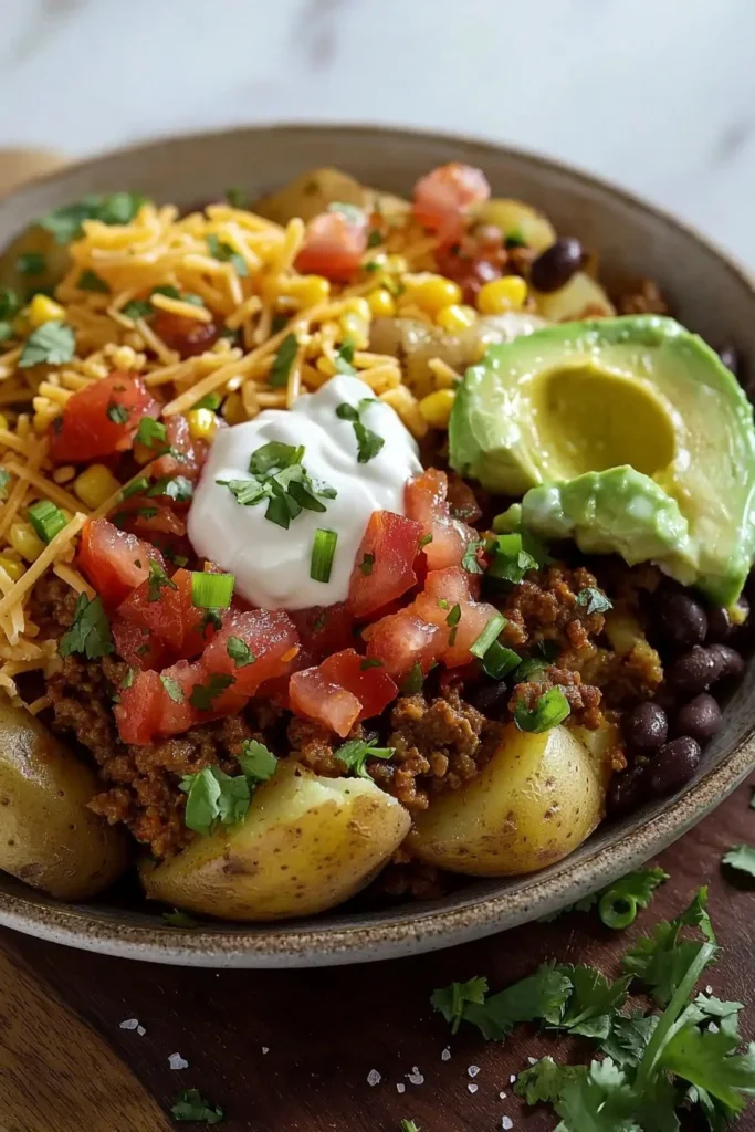 Easy Loaded Potato Taco Bowl with toppings and ingredients