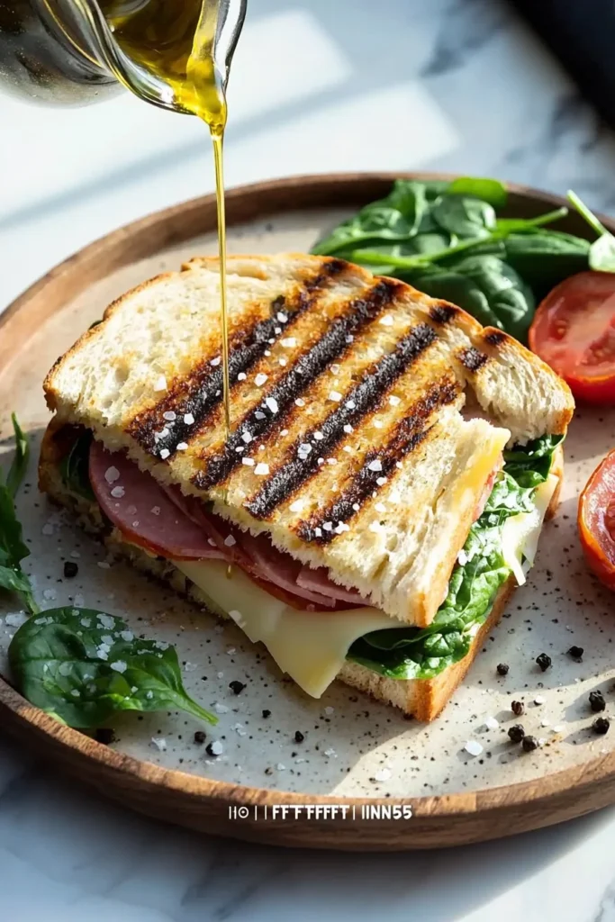 A delicious easy lunch panini with melted cheese and fresh ingredients