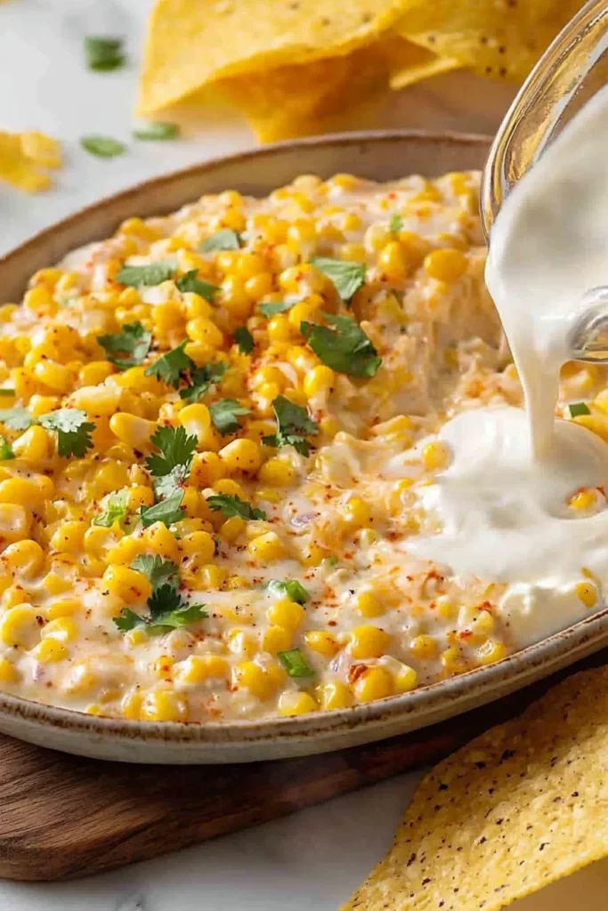 Delicious and easy Mexican Corn Dip served in a bowl with chips