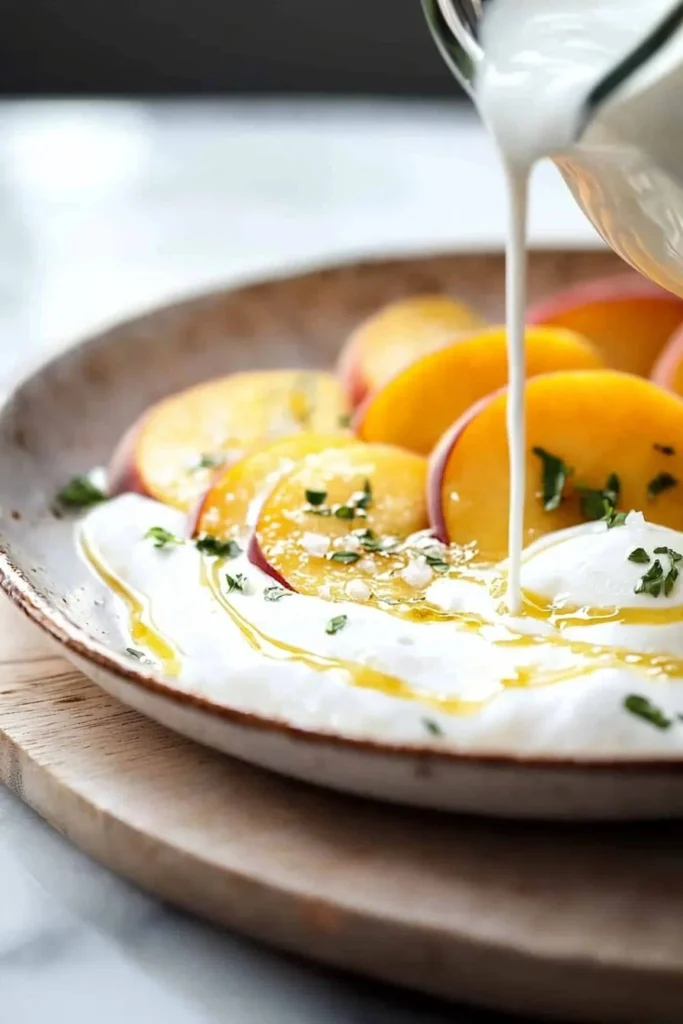 Delicious bowl of old fashioned peaches and cream dessert topped with fresh peaches.
