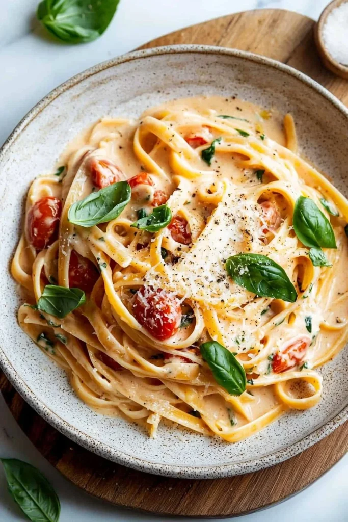 A bowl of creamy tomato pasta garnished with fresh basil and grated cheese