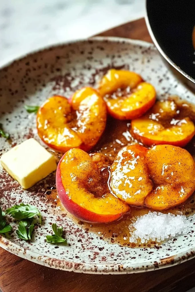 Delicious pan fried peaches topped with sugar and cinnamon on a white plate
