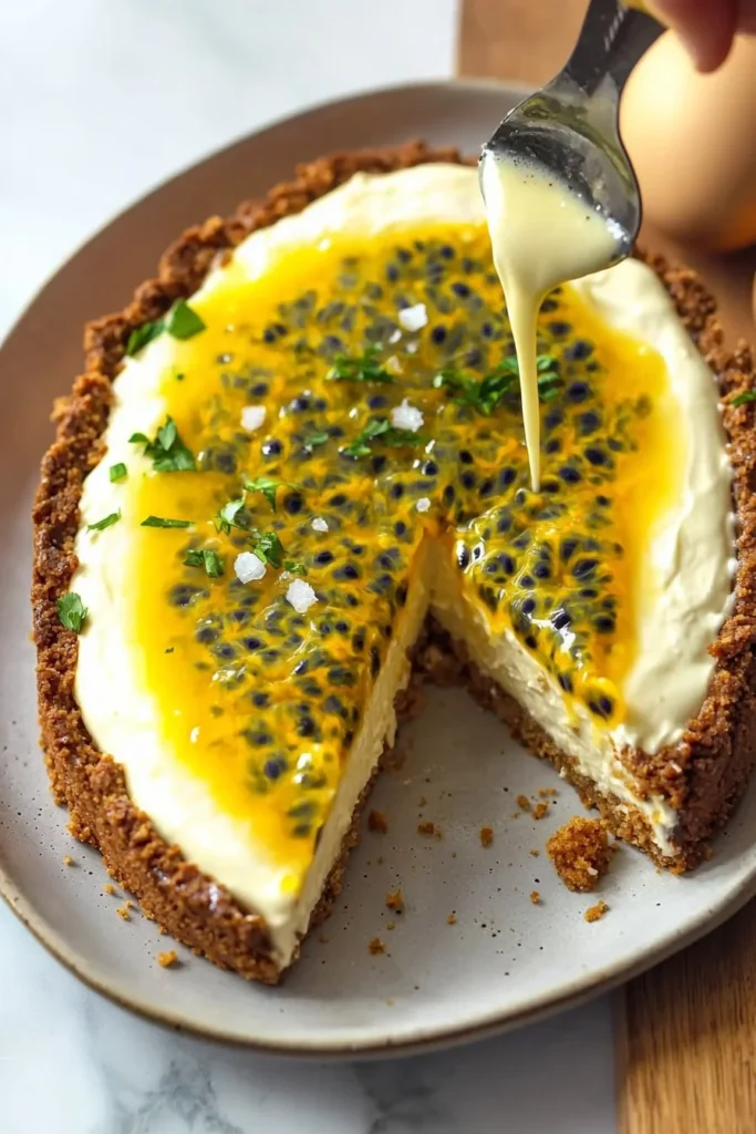 Delicious easy passion fruit cheesecake decorated with fresh fruit