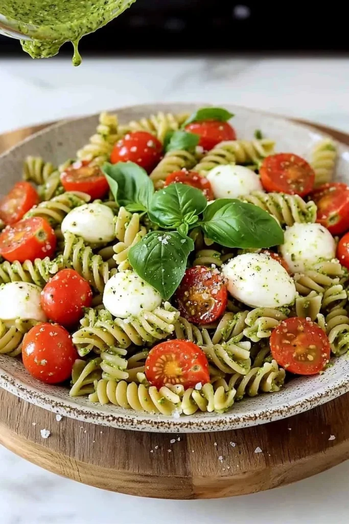 Bowl of easy pesto pasta salad with fresh ingredients and colorful vegetables