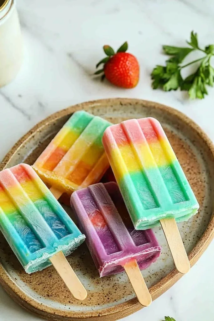 Colorful homemade rainbow popsicles arranged on a platter.