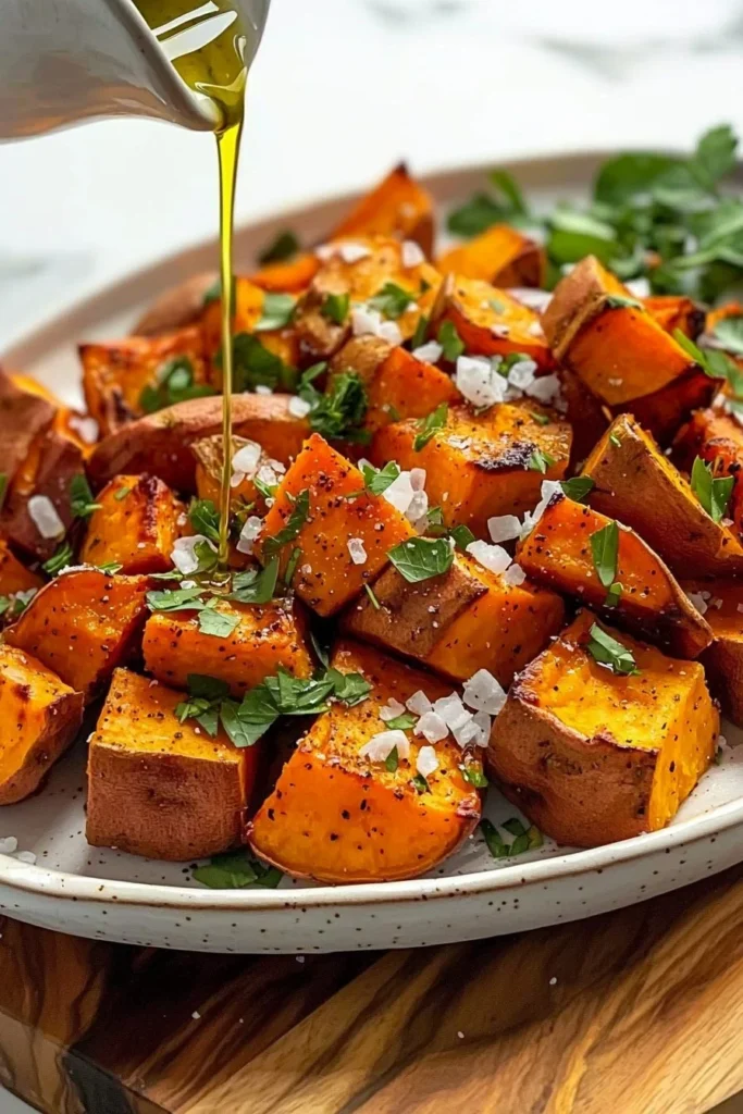 Bowl of easy roasted sweet potatoes seasoned and ready to serve