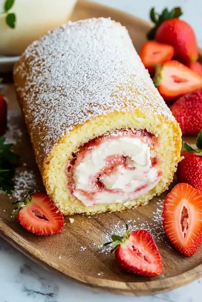 Easy strawberries and cream swiss roll dessert with fresh strawberries