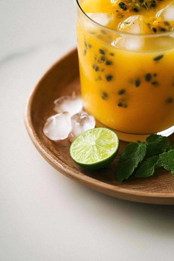 Glass of tropical passion fruit cooler with ice and fruit garnish
