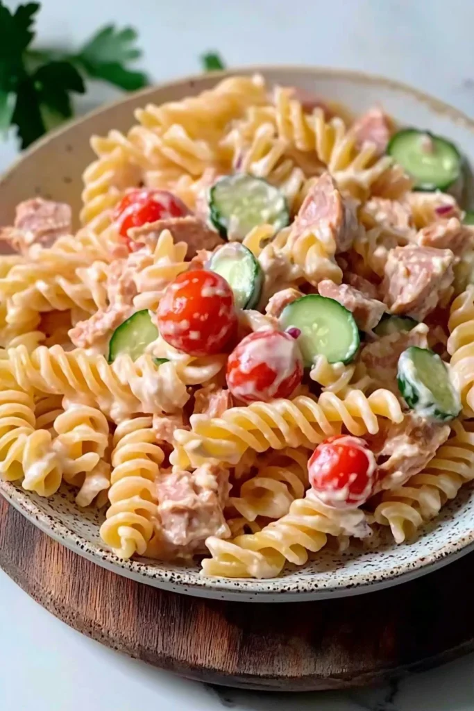 Bowl of easy tuna pasta salad with colorful vegetables and dressing