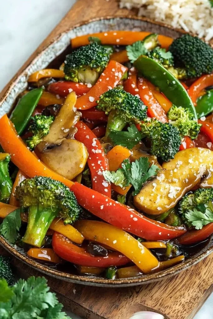 Colorful easy veggie stir fry with fresh vegetables and sauce in a skillet.