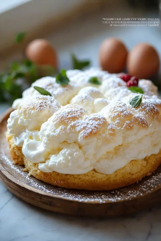 Fluffy easy yogurt cloud cake topped with fresh berries and whipped cream