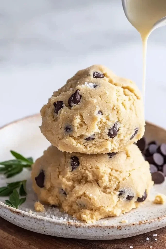 Bowl of delicious edible cookie dough with chocolate chips and a spoon.