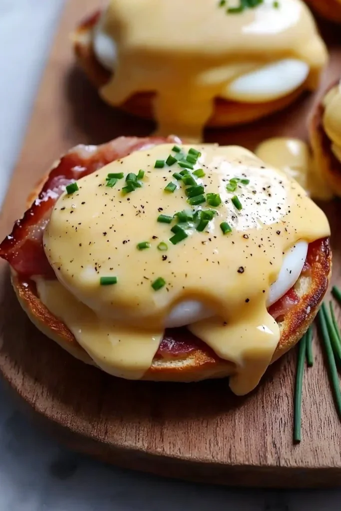 Delicious Eggs Benedict topped with hollandaise sauce and garnished with herbs