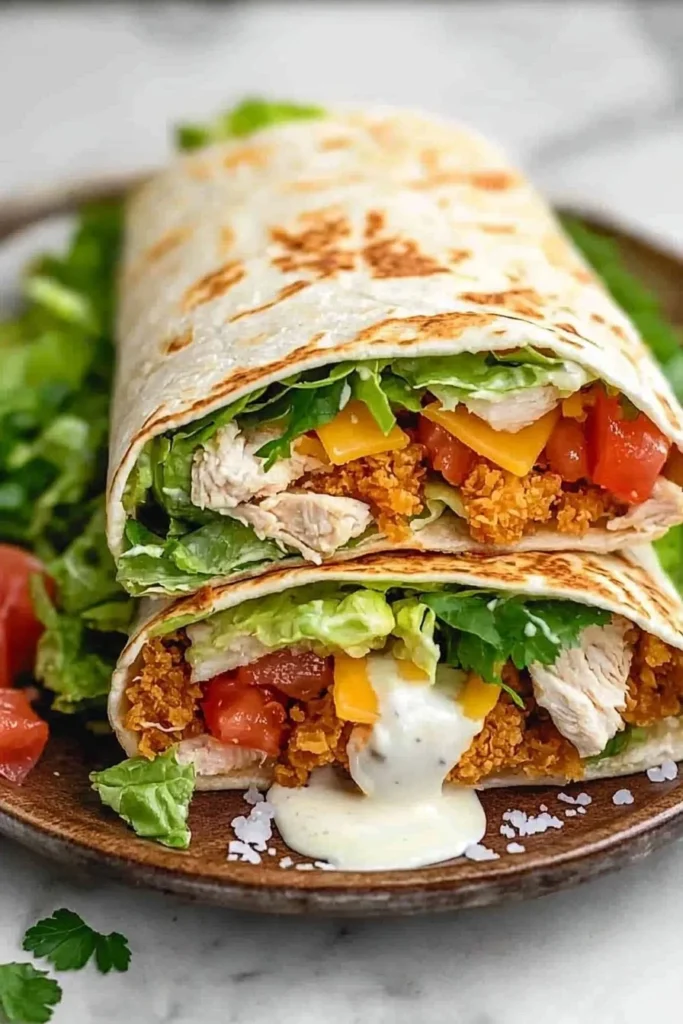 Extra crispy chicken wrap filled with fresh ingredients and served with dipping sauce