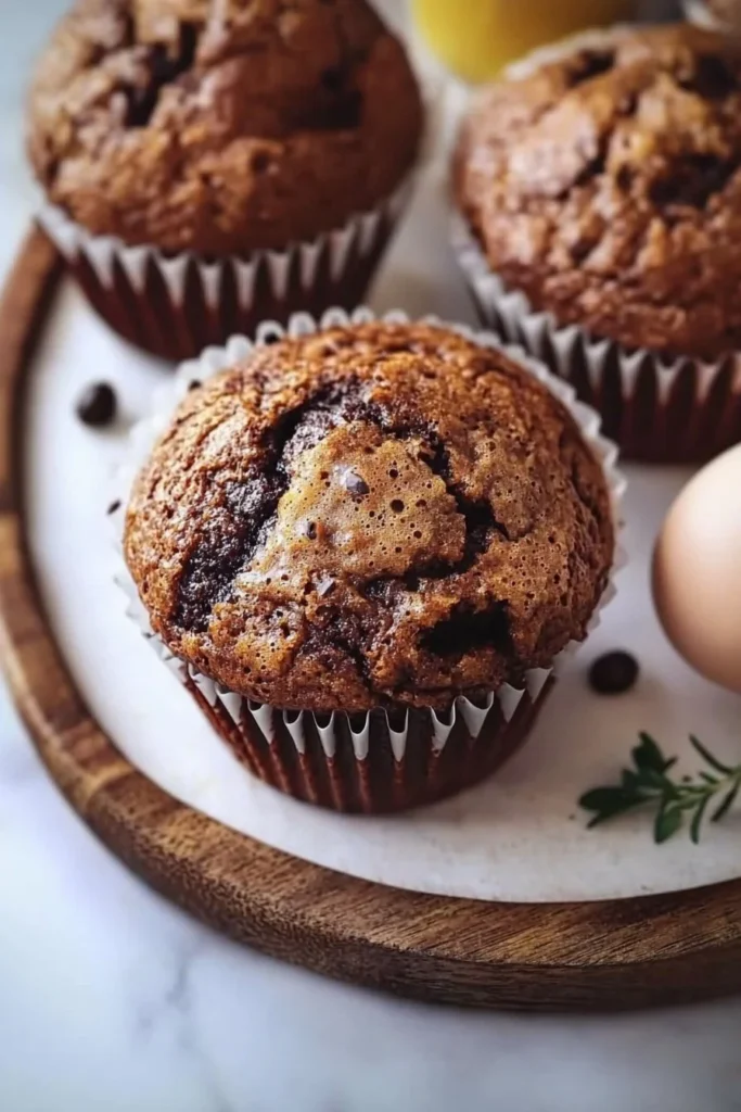 Fluffy mocha muffins topped with chocolate chips and coffee glaze