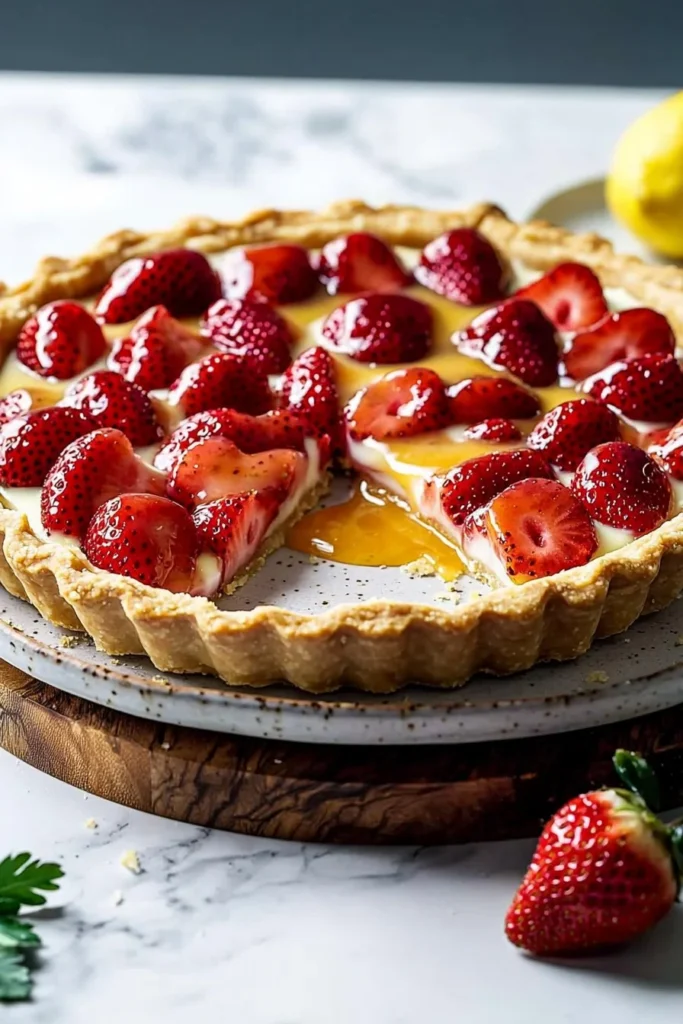Classic French strawberry tart topped with fresh strawberries and creamy filling