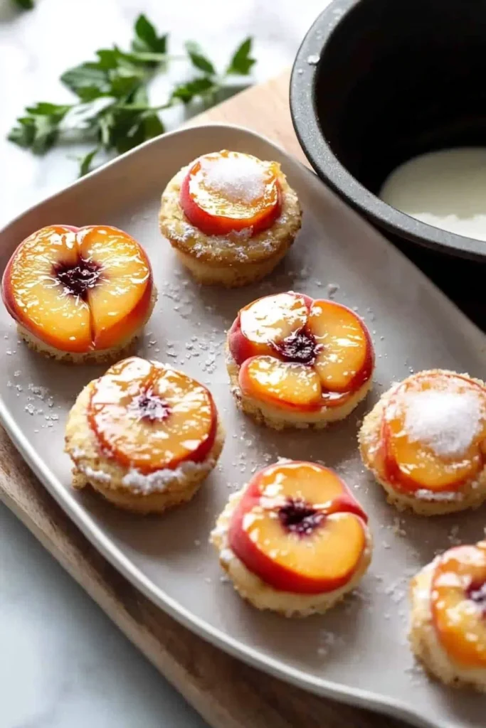 Fresh mini peach upside down cakes topped with caramelized peaches.