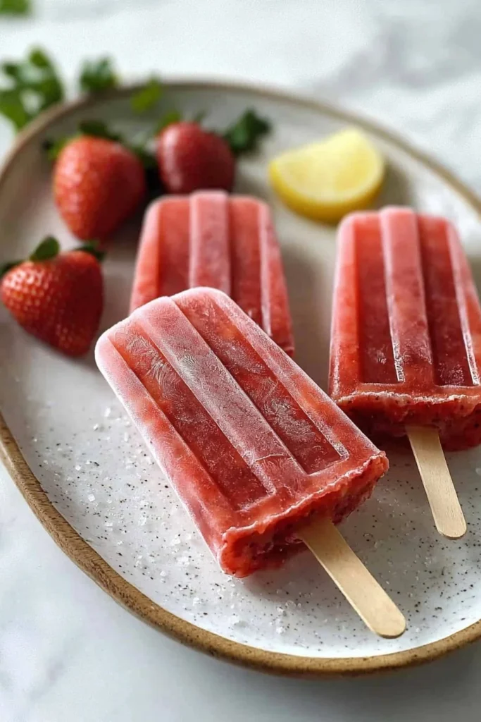 Homemade fresh strawberry popsicles on a wooden table, perfect for summer treats.