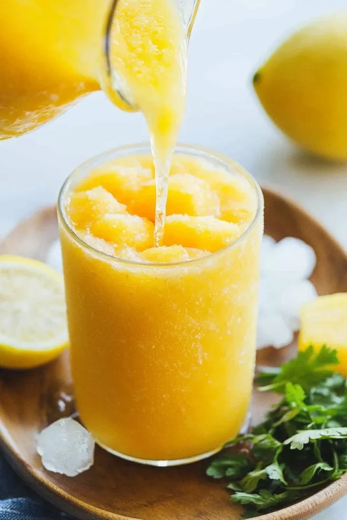 Refreshing frozen mango lemonade served in a glass with ice and mint garnish.