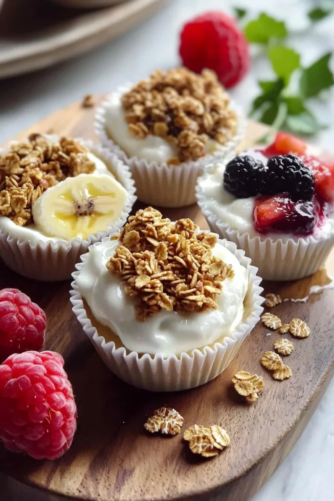 Delicious frozen yogurt granola cups topped with fresh fruit and nuts