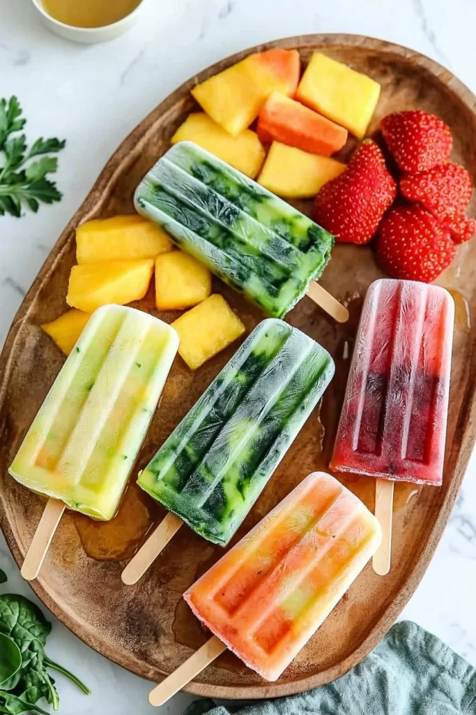 Colorful fruit and vegetable ice pops in a variety of flavors on display