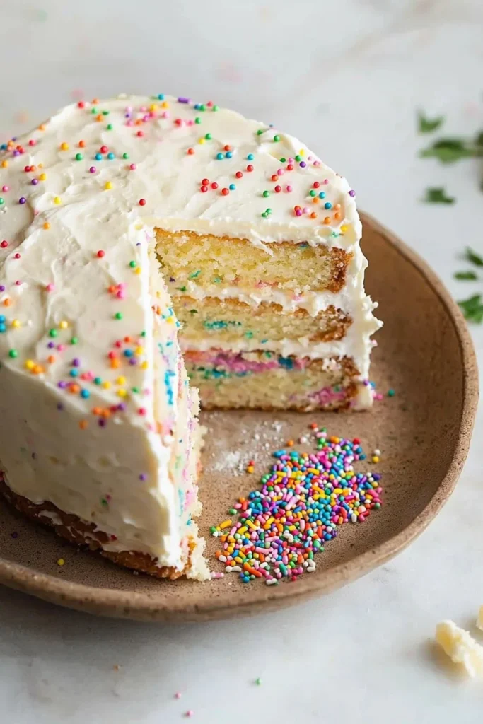 Delicious Funfetti Cake topped with vibrant sprinkles for a festive dessert
