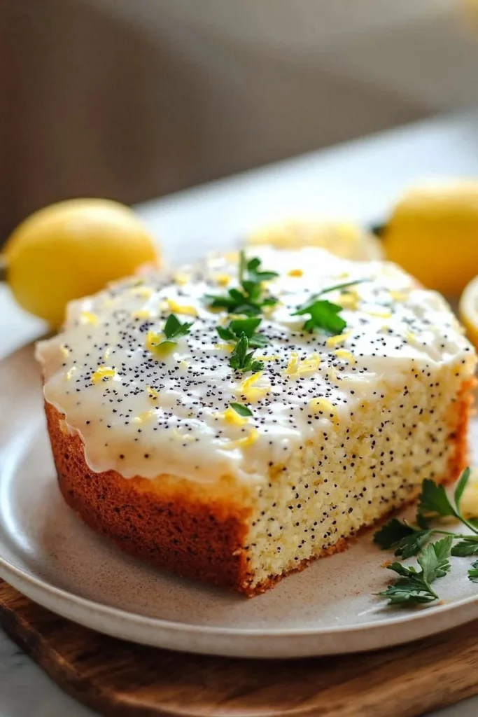 Glazed Lemon Poppy Seed Cake with lemon frosting on a decorative platter