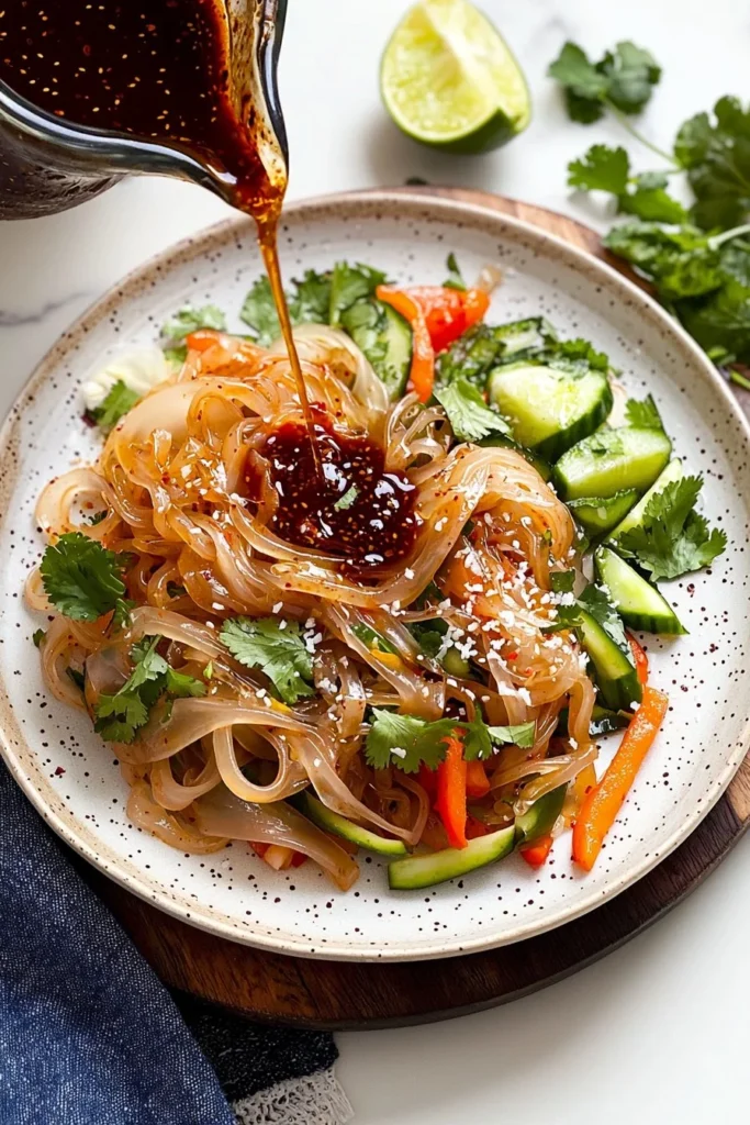 Bowl of Gochujang Chili Oil Rice Paper Noodles topped with fresh vegetables