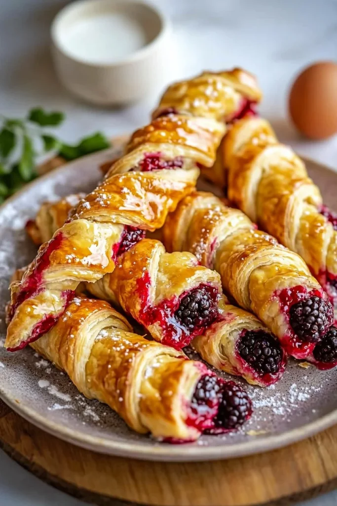 Golden flaky berry puff pastry twists with sweet glaze