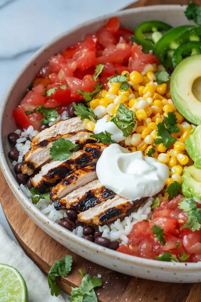 Delicious grilled chicken burrito bowl with fresh toppings and vibrant colors