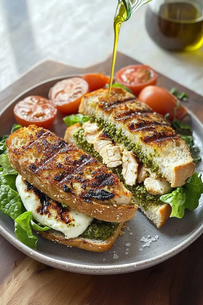 Delicious grilled chicken pesto sandwich with fresh ingredients