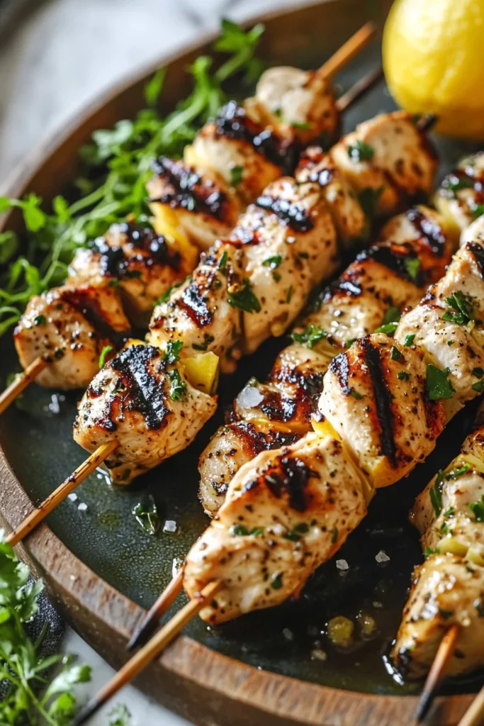 Grilled lemon garlic chicken skewers served on a platter with fresh herbs.