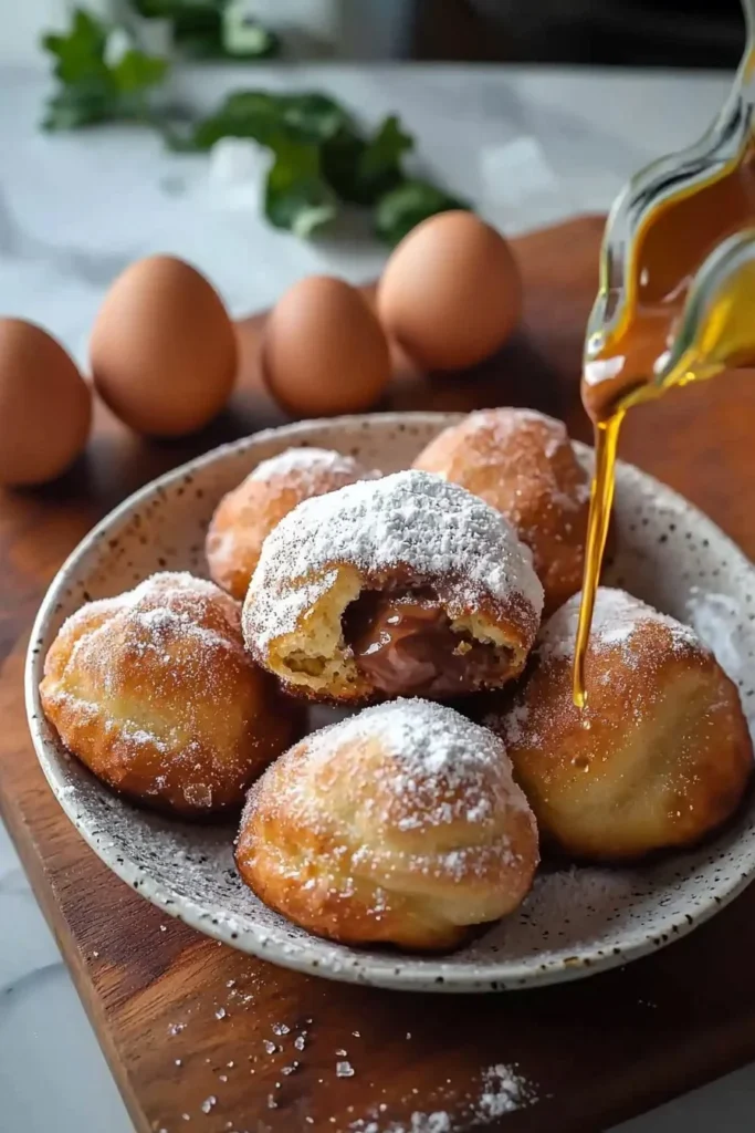 Delicious Hazelnut Cream Donuts topped with chocolate drizzle.