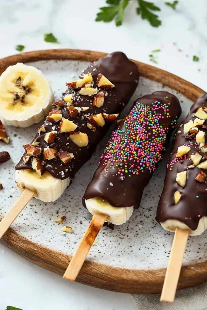 Delicious healthy chocolate covered banana pops on a plate