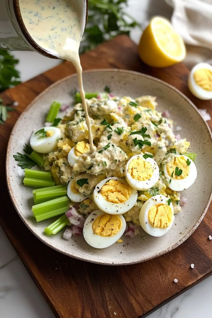 Healthy egg salad with Greek yogurt in a bowl garnished with herbs