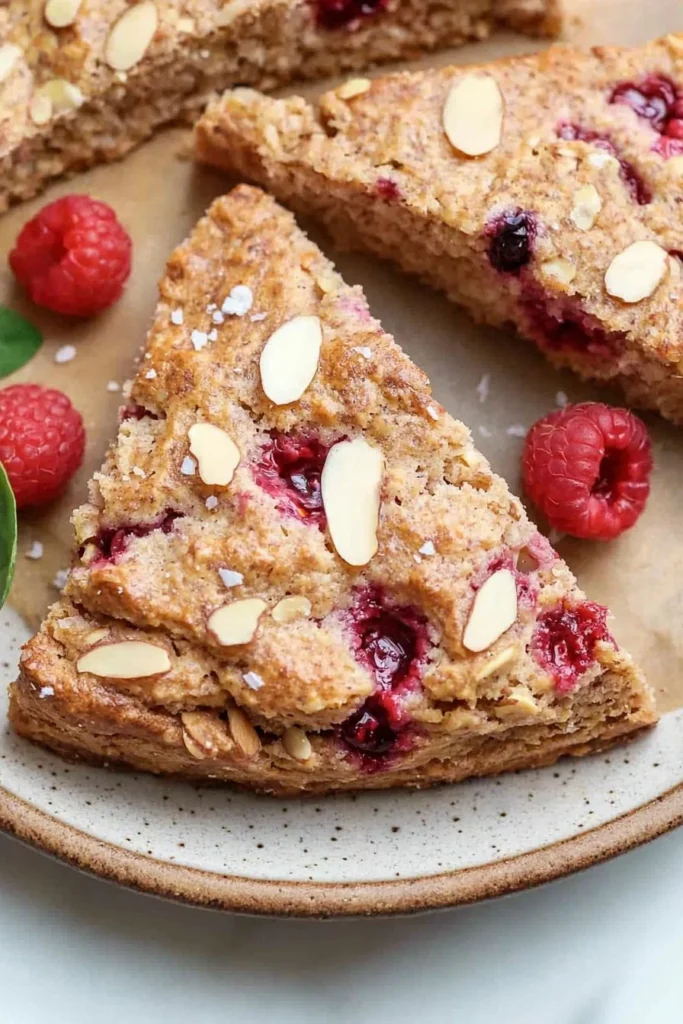Healthy raspberry almond scones fresh from the oven on a wooden table