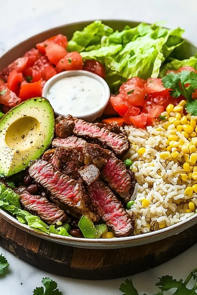 Healthy steak burrito bowl with fresh ingredients and vibrant toppings.