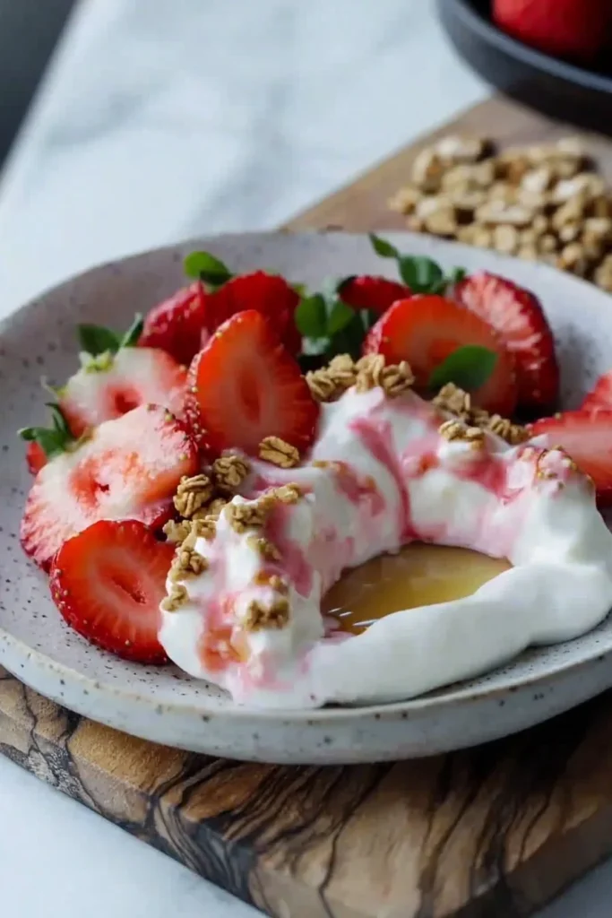 Healthy strawberry yoghurt bites with fresh strawberries and creamy yogurt.